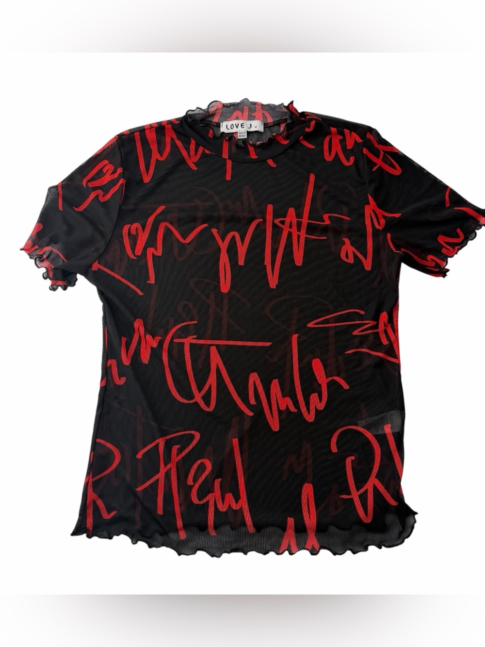 Love J Black Mesh Top Graphic Bold Abstract Y2K Grunge Edgy Avant-Garde Sz M